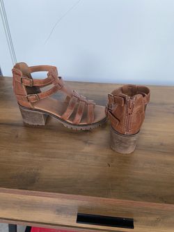 Brown Gladiator Heeled Sandals with heel Zipper and buckled