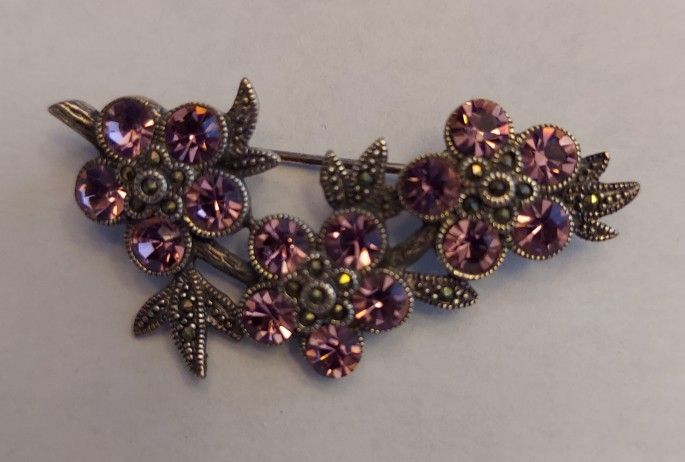 Sterling Silver Brooch w/ Pink Stones Marcasite Estate Find FREE SHIPPING