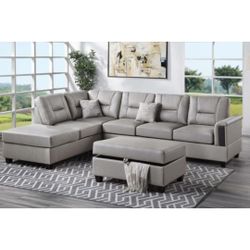 Gray Leatherette Sectional Sofa With Ottoman