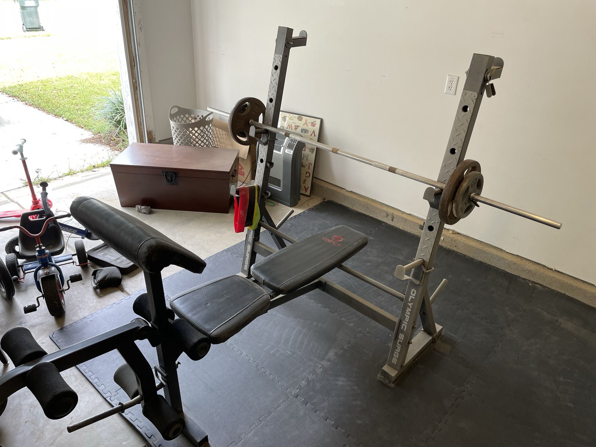 Total Home Gym (free weights, bench, floor padding)