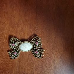 Antique Gold tone Bow Brooch Pink Roses Vintage
