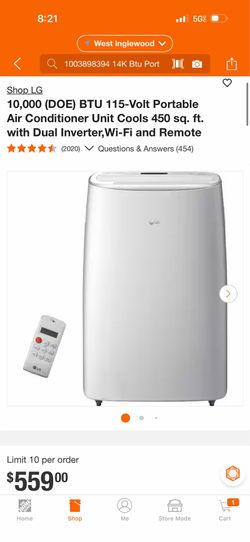 LG 10,000 (DOE) BTU 115-Volt Portable Air Conditioner Unit Cools 450 sq. ft. with Dual Inverter, Wi-Fi and Remote