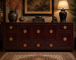 Vintage Asian Inspired Sideboard Buffet | Ming Style Red Lacquer Cabinet