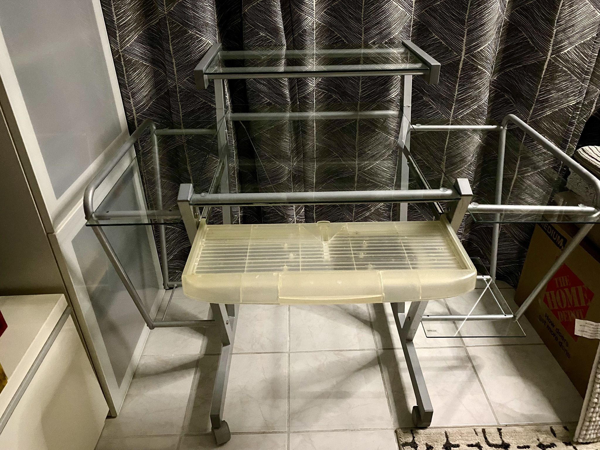 Beautiful Galvanized Metal And Tempered Glass Desk on casters.  Unique, one of a kind boutique designer piece.  