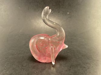VTG MURANO ART GLASS SMALL PINK SWIRL ELEPHANT PAPERWEIGHT "TRUNK UP" & Control Bubbles
