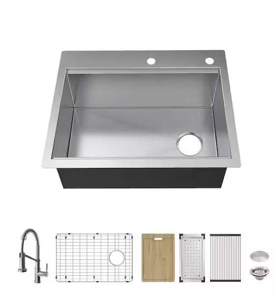 Glacier Bay Professional Zero Radius 27 in Drop-In Single Bowl 16 G Stainless Steel Workstation Kitchen Sink with Spring Neck Faucet