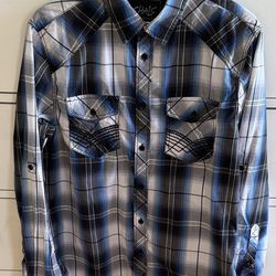 Chalc men’s plaid checkered blue black white cotton blend button up long sleeve shirt, size M