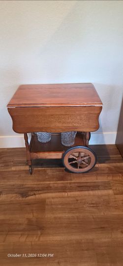 Vintage Wooden Tea Cart with Drop Leaves