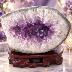Natural Amethyst Geode 1417g / 3.12lbs w/Wooden Stand Purple Quartz Home Decor