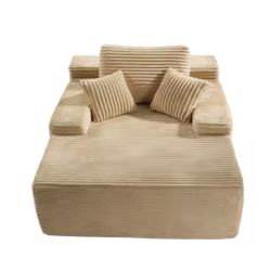 JOJO 67 in. Wide Square Arm Plush Corduroy Modern Rectangle Lazy Sofa Chaise with Pillows in Beige for Living Room