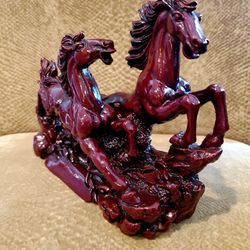 Vintage Chinese Galloping Horses Red Resin Figurine Statue *Please Read Entire Description 