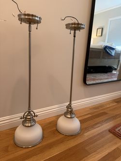 Pair of Brushed Nickel Pendant Lights with Frosted Glass Shades