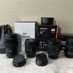 Sony 50mm f/1.4 GM, 24mm f/1.4 GM, Canon Macro 100mm