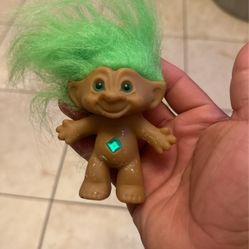 Vintage Ace Novelty Troll Doll Green Hair Belly Diamond Gem Green Eyes Green