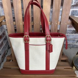 Red Straw Vintage Coach Tote