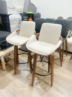 29.5" Bar Height Barstools Set of 2,Mid Century Modern Retro Bar Chairs Charcoal Beige Linen Look Fabric Upholstered and Walnut Wood Fram
