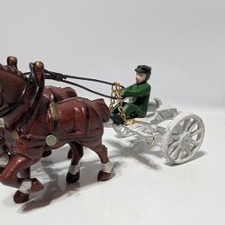 Vintage 9 Inch Cast Iron Horse Drawn Carriage Wagon with Driver Hand Painted

