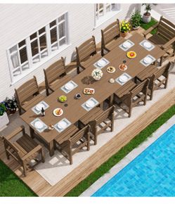 SERWALL Patio Dining Sets for 10 Person, HDPE Dining Set with 2 Tables, 8 Armless Chairs and 2 Armed Dining Chairs, brown brand new in box $999 D129
