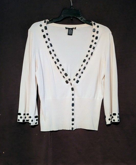 Sweaterworks Cream Black Cardigan Medium Decorative Black Different Shaped Beads