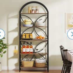 New Tall Arched Rustic Brown Metal 5 Tier Shelf Bookcase Display 75” with vintage Plant Shelf Vintage Bookcase