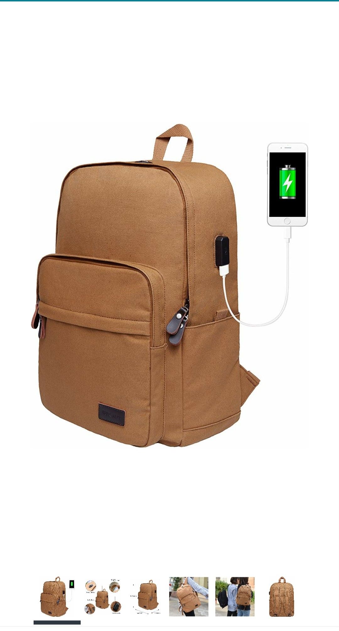 Backpack Canvas Student Bookbag for Men/Women, Boys/Girls with USB Charging Port Fits 15.6 Inch Laptop and Notebook - Brown