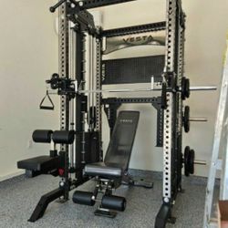 NEW Squat Rack Smith Machine Functional Trainer Cable Cross Over  Adjustable Bench Press 45lb Barbell Bumper Plates Home Gym 