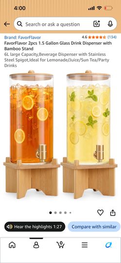 NEW 2pcs 1.5 Gallon Glass Cold Or Hot Drink Dispenser with Bamboo Stand