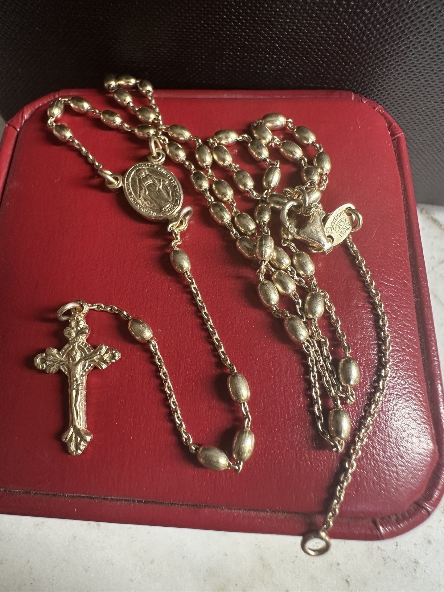 925 Gold Over Sterling Silver Rosary Necklace , Hallmarked Dyadema Italy 925, 16in. W/2in Extender, Total 18in Around The Neck