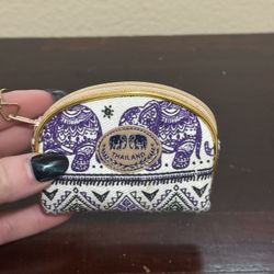Elephant Thailand Coin Purse Bag Handmade Canvas Pouch Purple 