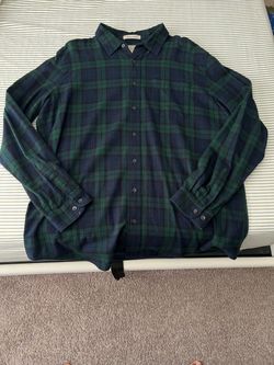 Green and Navy Plaid Flannel Button-Down Shirt