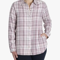 Jachs Girlfriend Women Plaid Button-Up Shirt Pink/White Long Sleeve Soft Flannel