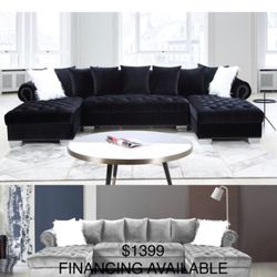 BRAND NEW BLACK OR GRAY VELVET SECTIONAL WITH SILVER LEGS AND ACCENT PILLOWS 