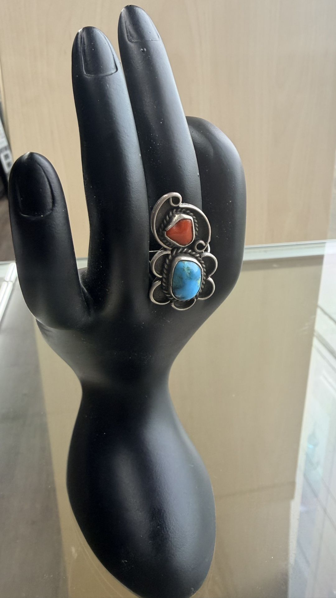 Turquoise And Red Coral Squash Ring Sterling Silver 925