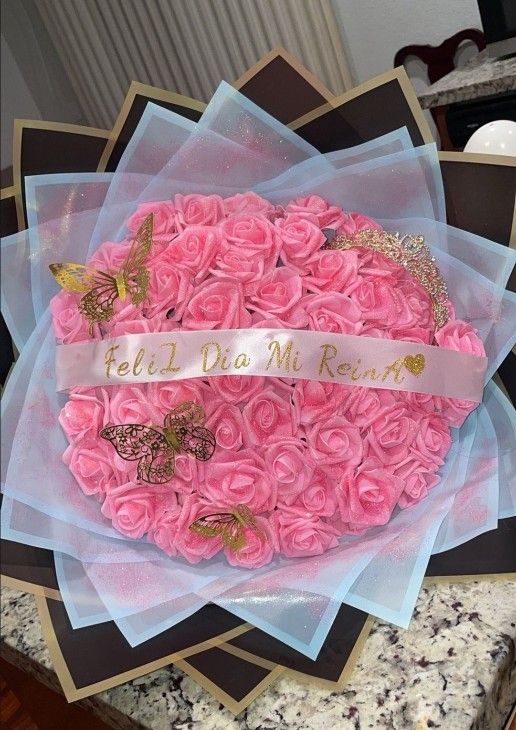 Rose Bouquet 💐  Pink Flowers ✨️with Butterflies Custom Banner and Crown 