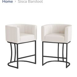 New Set Of 2, Fabric LINEN BEIGE SEAT WITH BLACK METAL LEGS , MODERN BUCKET Counter Chairs  DESIGNS, 26-inch 