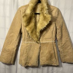 New York & Company Faux Fur Tan Leather Jacket