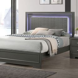 Brand New Full Size Modern Platform Grey Gray Bed With LED light On Headboard