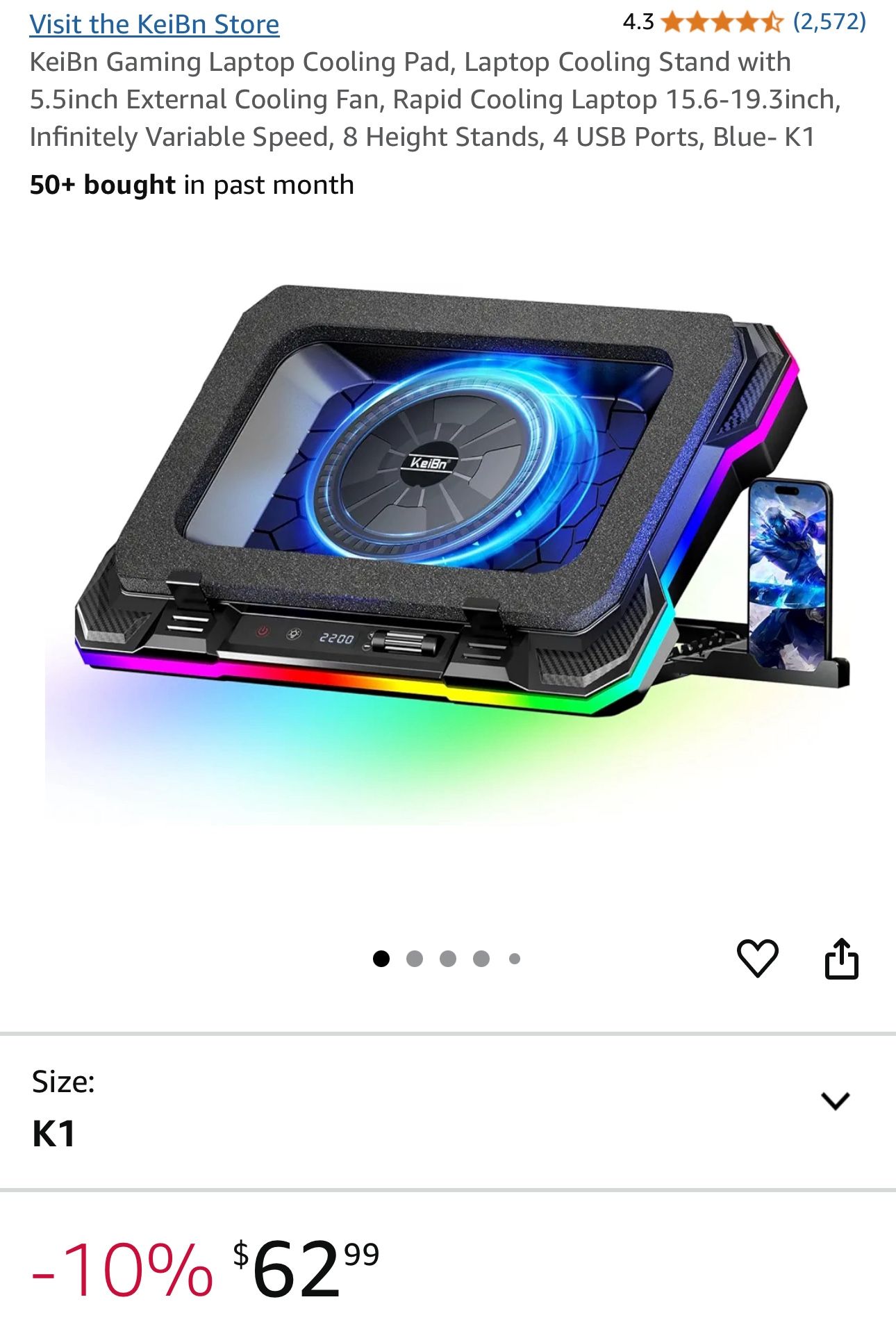 KeiBn Gaming Laptop Cooling Pad, Laptop Cooling Stand with 5.5inch External Cooling Fan, Rapid Cooling Laptop 15.6-19.3inch, Infinitely Variable Speed
