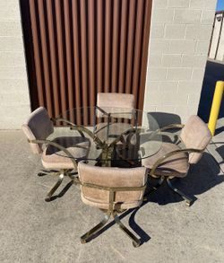 80s Postmodern Milo Baughan Style Mid Century Brass Cantilever Dining table and chairs