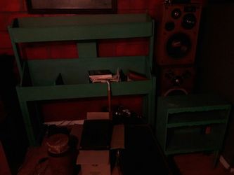 Record players and stereos and shelves