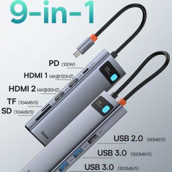 9 In 1 USB-C Adapter With Dual HDMI For MacBook, Hp, Dell, Lenovo, Etc. 
