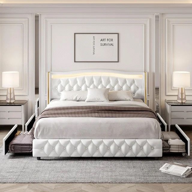 Full Size LED Bed Frame with 4 Storage Drawers, PU Leather Upholstered Platform Bed with Crystal Buttons Headboard, White