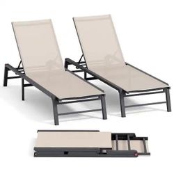 New - Set 2 Outdoor Chaise Lounge Chair Foldable Sun Tanning Chair, 5 Adjustable Positions, Easy Assembly, Aluminum Pool Recliner Lounge Chairs, for B
