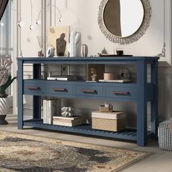 62” Blue Modern Console Table w/ 4-Drawers & 2 Display Shelves [NEW IN BOX] **Retails for $357 ^Assembly Required^ 