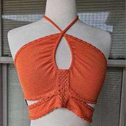 H&M DIVIDED Orange Ribbed and Crochet Halter Cutout Crop Top M