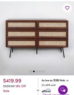 NTC LULU 6 Drawers Dresser Storage Cabinet with Natural Rattan, Modern Boho Chest of Drawers, Stylish Bedroom Decor, Mid-Century Organizer