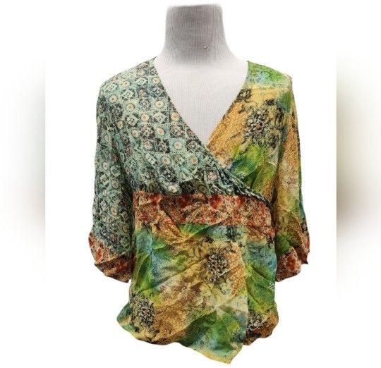 Size 2X 100% Silk Orange Green Yellow Mixed Print Top