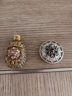 Decorative Vintage  Jeweled Perfume Bottle and Pill Container Set