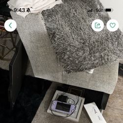 Accent Chair Gray, Gray Large Rug, Black picture Frame