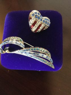 Patriotic Heart pin & Crystal brooch & Crystal earrings 💕🇺🇸💕🇺🇸💕🌟✨